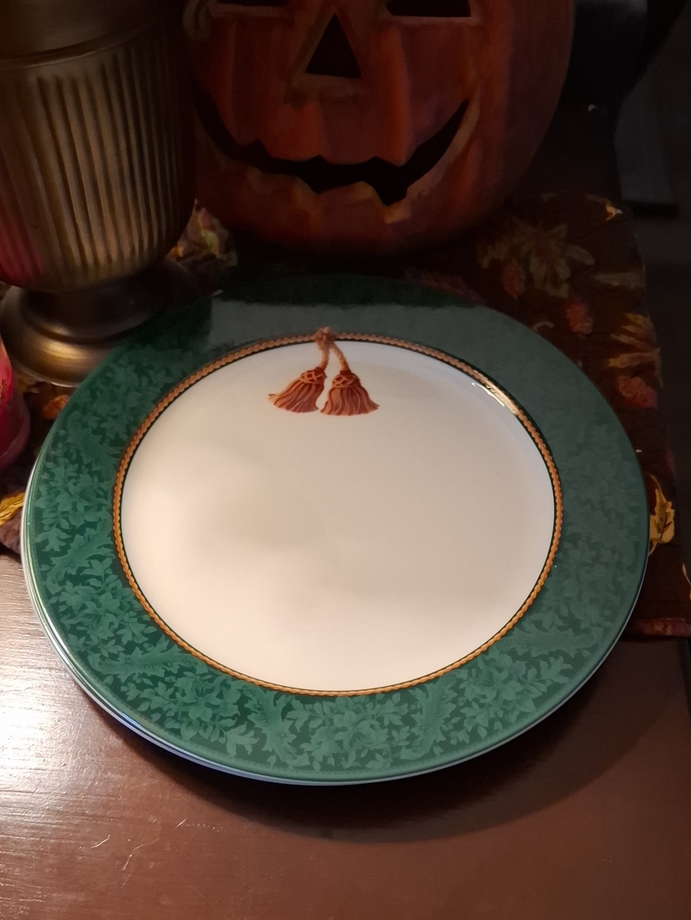 Hallmark Green and White Dinner Plate with Gold Trim and Tassel Motif For 2 Only